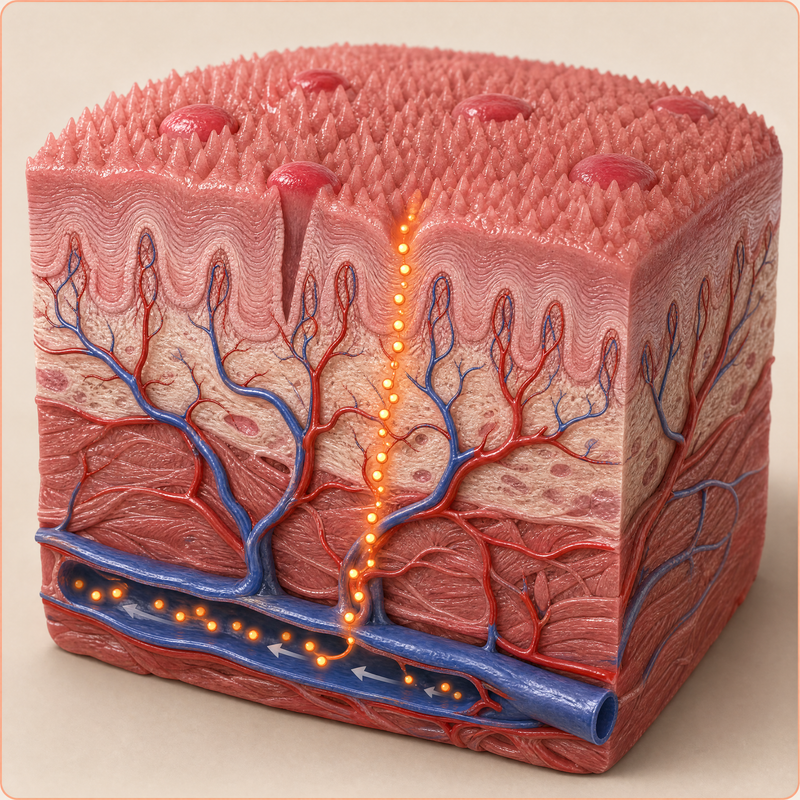 Cross-section of the tissue under the tongue, showing iron passing from the surface down into a blood vessel.