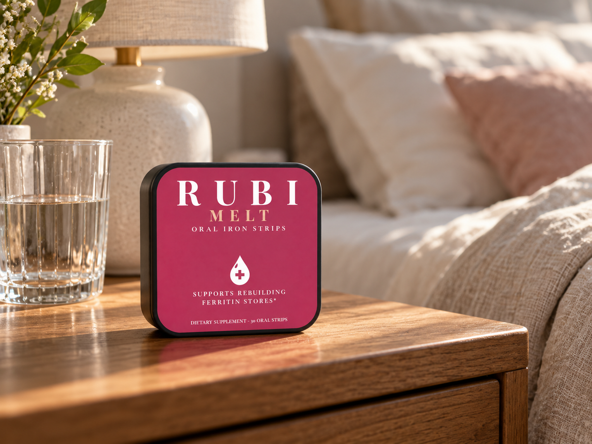 Rubi Melt oral iron strips on a bedside table in morning light