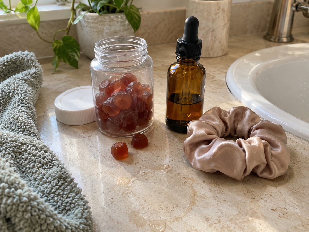 Hair gummies, rosemary oil and a satin scrunchie on a bathroom counter